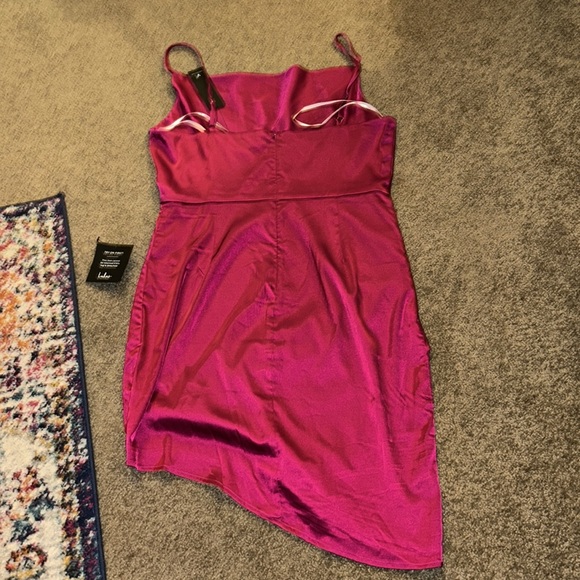Causing Commotion Magenta Satin Cowl Asymmetrical Mini Dress - Picture 2 of 5